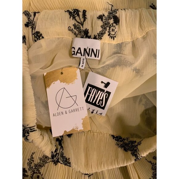Ganni Light Yellow & Black Floral Pleated Georgette Maxi Skirt, Size XL (42) NWT - Picture 8 of 8